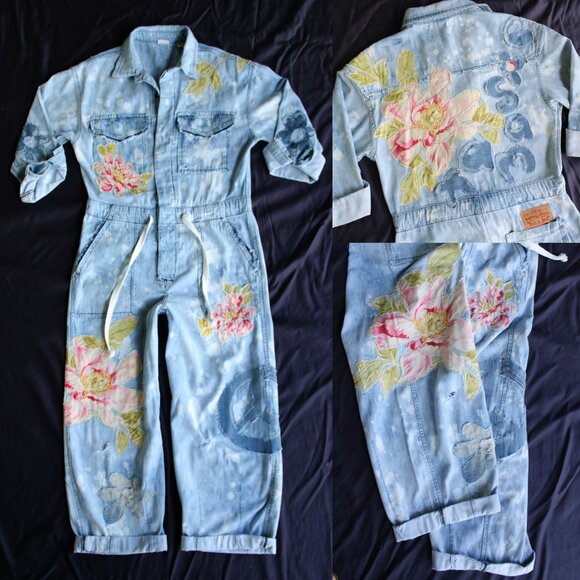 LEVI'S patchwork Redone embroidered hippie denim jeans Boiler Suit jumpsuit S - Picture 1 of 11